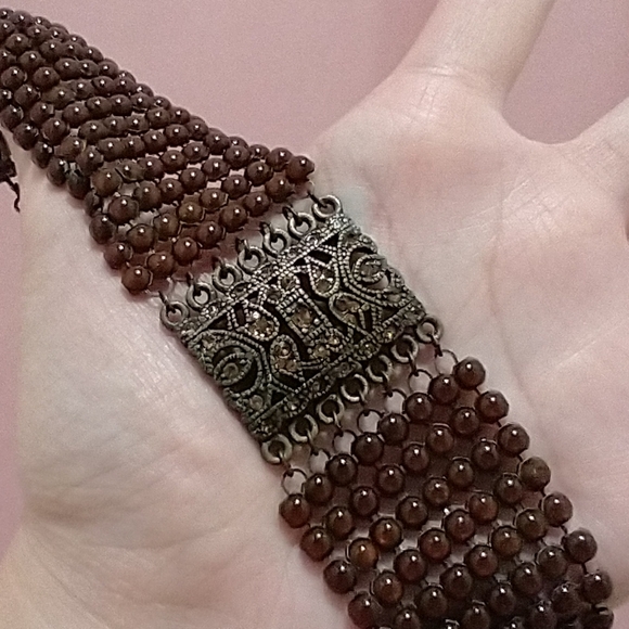 Brown Beaded Choker with Metal Centerpiece and Rhinestones - Picture 6 of 9